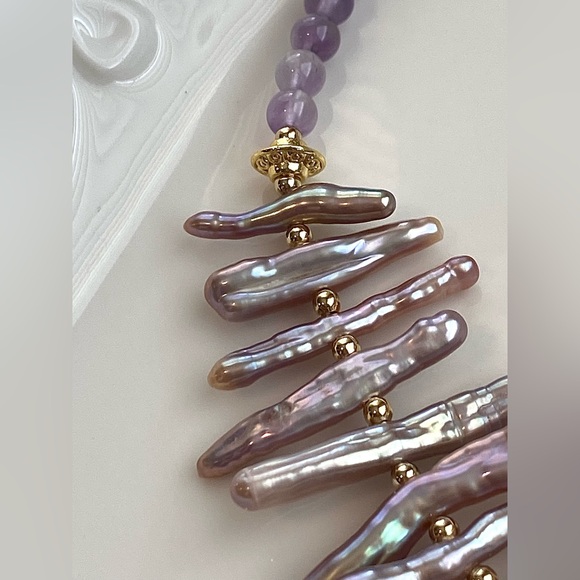GP35-Handmade Purple Chopstick Pearl And Amethyst Necklace - Picture 9 of 13